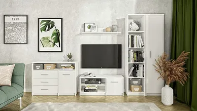 Produktbild von MATKAM Kommode Bodo 1D3SO, H75 x B98 x T35 cm, mit 3 Schubladen, einem Ablagefach und einem Türschrank, Griffe in Metall-Optik, (Weiß)