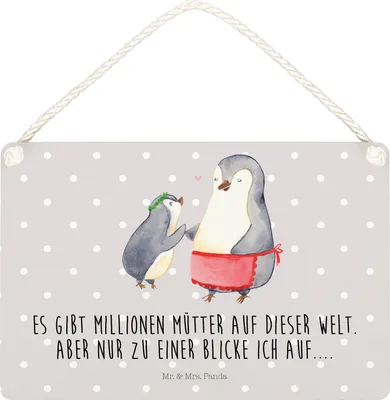Produktbild von Mr. & Mrs. Panda holzbild Pinguin mit Kind DIN A5 - Grau Pastell - Geschenk, Schild, Holzschild, Mama, Familie, Muttertag, Vorbild, Mutter, kleine aufmerksamkeit