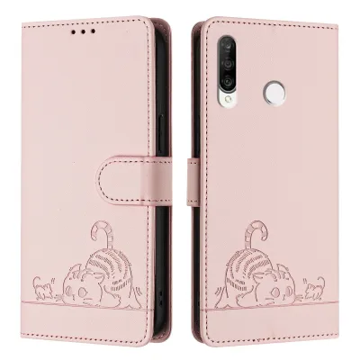 A pink flip case wallet for a Huawei P30 Lite phone, shown from the front and back.