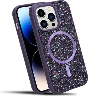 Produktbild von Cadorabo Hülle für Apple iPhone 14 PRO Hülle Glitzer kompatibel mit MagSafe in LILA magnetische Handyhülle Sparkle Diamond für Apple iPhone 14 PRO stoßfeste Diamant Crystal Schutzhülle mit Magnetkraft