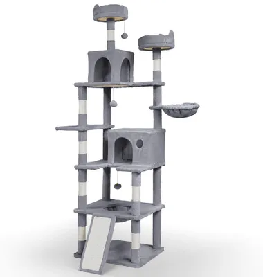 Productafbeelding van VOUNOT® Kattenboom 215 cm, meerlaags kattenmeubel XXL, met mand, pluchen ballen, dikke stangen, klimboom voor katten, grijs