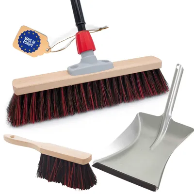Produktbild von Novaliv Straßenbesen Set 40 cm I Besen Kehrblech und Handfeger Teleskopstiel I Arenga-Elaston schwarz-rot I  mit Stiel ausziehbar I Industriebesen Kehrbesen Gartenbesen Hofbesen
