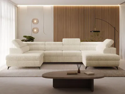 Produktbild von GrainGold Ecksofa U-Form Argon - Ecksofa mit Schlaffunktion, Bettkasten - Moderne Ecksofa, Wohnzimmer Sofa- Eckcouch mit Cord -Stoff - Beige (Tilia 3)