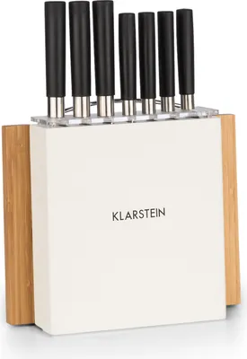 Produktbild von Klarstein Messerblock mit Messer, 7-Teiliges Messer-Set mit Block, Küchenmesser, Holz-Messerblock & Schneidebrett, Scharfes Edelstahl-Messerset, Kratzfest, Japanisch Inspiriertes Messerset mit Block