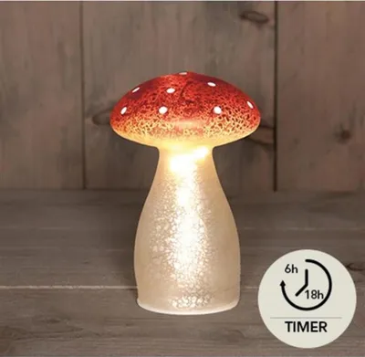 Productafbeelding van Paddenstoel glas led op batterij met timer h15 cm wit met rode stippen Anna's Collection