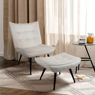 Produktbild von Loungesessel mit Fußhocker Samt Beige Gepolsterter Relaxsessel Fernsehsessel Lesesessel für Wohnzimmer oder Schlafzimmer