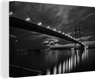 Obrázek produktu pro OneMillionCanvasses® - Obrazy na plátně - 140x90 cm, Černobílý západ slunce na mostě Howrah v Kalkatě, Nástěnné umění tisk Nástěnná dekorace - Fotografie na plátně -