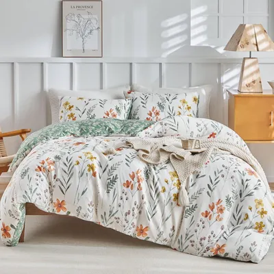 Zdjęcie produktu dla Komplet pościeli 3-częściowy, bawełna, biały/zielony, 240x220 cm + 2 poszewki na poduszki 50x75 cm, wzór liści