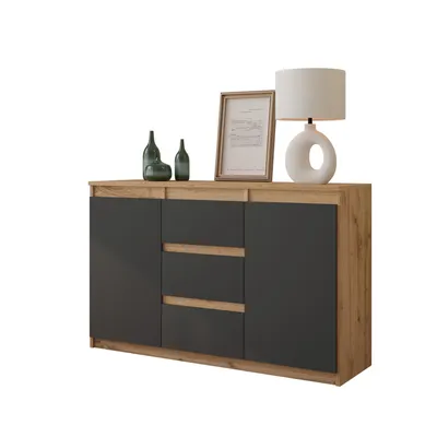 A sideboard with decorative items on top, presented against a white background.