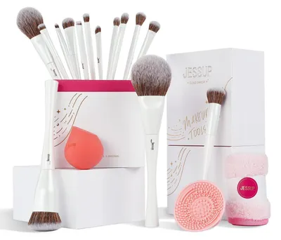 Produktbild von Make-up Pinselset 14 Stück mit Schwamm, Pinselreiniger und Handtuch, Perlweiß