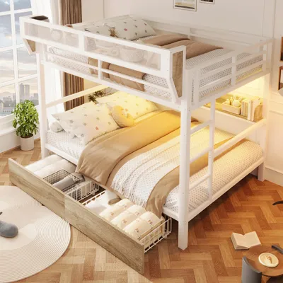 Immagine prodotto di Letto a castello Flieks 140x200 cm con LED, letto in metallo per ragazzi con 2 cassetti e cestino portaoggetti, letto a castello per bambini con ripiani e scaletta, bianco
