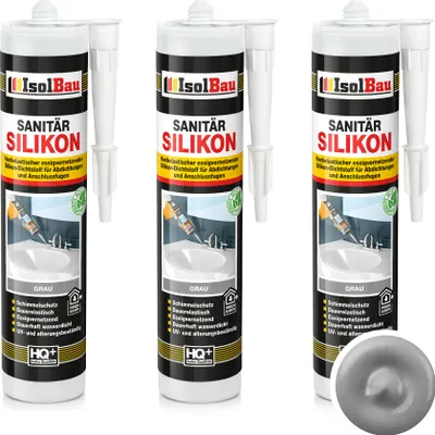 Produktbild von Isolbau Sanitär Silikon 3 x 300 ml Grau - Hochelastischer Silikon-Dichtstoff für Abdichtungen & Fugen – Schimmelresistent, wasserdicht -  Kartusche