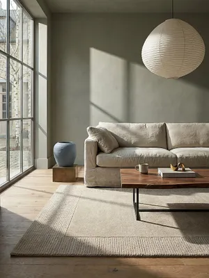 Teppich Beige rechteckig im Wohnzimmer mit Couchtisch und Wohnaccessoires Wohnidee skandinavisch modern_#sku_SAF503119374975-SAF503119374976-SAF503119374977#