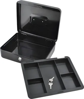 An open black cash box with a removable tray containing two keys.