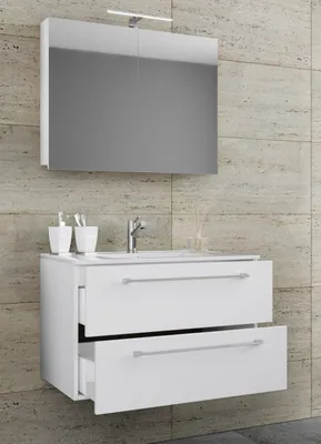 Produktbild von VCM 3-tlg. Waschplatz Waschtisch | Waschbecken Unterschrank Breite 60 cm | Badmöbel Set hängend mit zwei Schubladen Spiegelschrank | Badinos