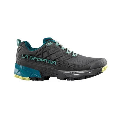 Trailrunning-Schuh "Akyra II Woman Gtx" von La Sportiva in Grau und Türkis mit griffiger Sohle.