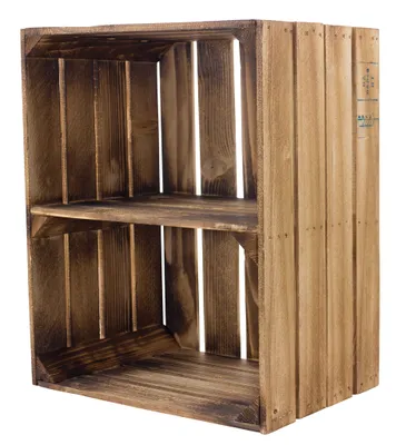 Produktbild von 1x Stück geflammte/braune Holzkiste mit Mittelbrett Quer 50cm x 40cm x 30cm Obstkiste Holzregal Kiste Weinkiste
