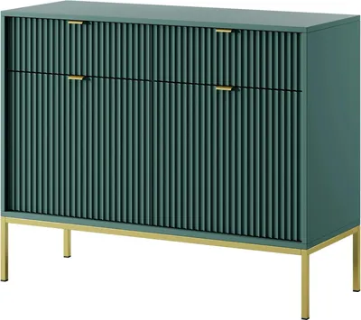 Produktbild von Kommode Kioto 104 cm Grün & Gold – Rillenfront, Goldene Griffe, 2 Türen, 2 Schubladen