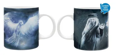 Two mugs are shown side-by-side against a white background. The left mug features a depiction of a white phoenix. The right mug shows a portrait of Dumbledore and has a blue overlay in the top right corner.