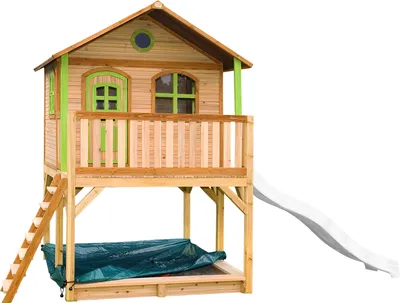 Produktbild von AXI Spielhaus Marc mit Sandkasten & weißer Rutsche | Stelzenhaus in Braun & Grün aus Holz für Kinder | Spielturm mit Wellenrutsche für den Garten
