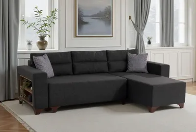 Produktbild von Hanah Home, Ecksofa-Bett in Anthrazit, 260 x 160 cm | 70% HORNBEAM, 30% melaminbeschichtete Spanplatte | 100% Polyester, pflegeleicht, inkl. 5 Kissen, modular, 240 kg Tragfähigkeit.