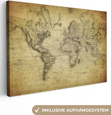 Produktbild von MuchoWow® - Leinwandbilder - Weltkarte - Vintage - Antik - Braun - Papier, Wandbild, Wanddeko Bilder Wohnzimmer, 90x60cm