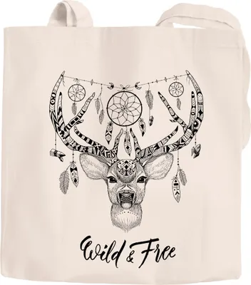 Produktbild von Jutebeutel Hirsch-Geweih Traumfänger Boho Bohamian Baumwolltasche Einkaufstasche Stoffbeutel Autiga® natur 2 lange Henkel