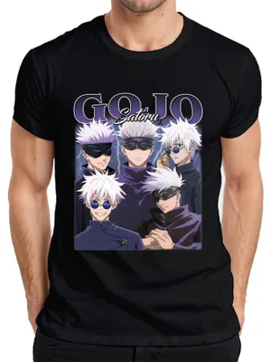 Zdjęcie produktu dla Koszulka męska z motywem Gojo Satoru z anime „Jujutsu Kaisen” – opaska na oczy i białe włosy, kolor czarny, rozmiar 3XL