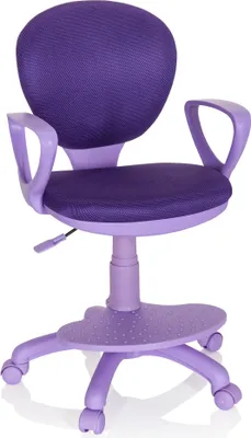 A purple children's desk chair with armrests and a footrest, shown from a three-quarter angle against a white background.