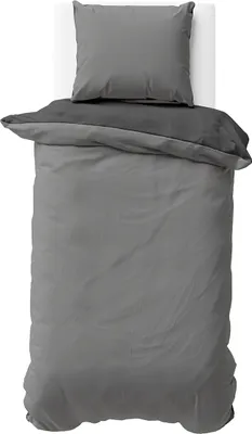 A top-down view of a grey and anthracite duvet cover and pillowcase set.
