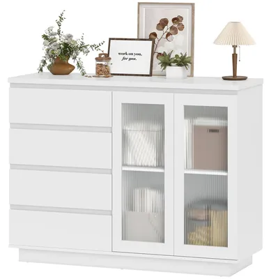 Produktbild von Wohnzimmer-Sideboard, Aufbewahrungsm?bel mit 4 Schubladen und 2 Tš¹ren aus Sicherheitsglas, verstellbarer Einlegeboden, 120 x 40 x 91 cm, wei?