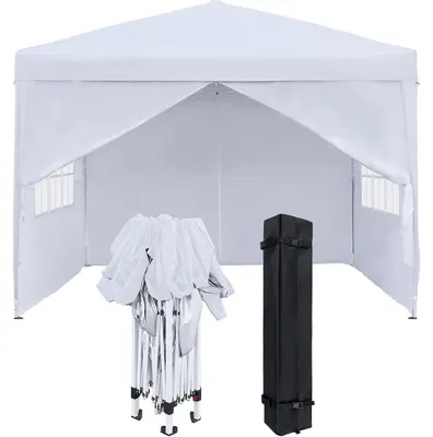 Image de Pavillon de jardin de 2,5 x 2,5 mètres, avec panneaux latéraux et fenêtres. Couleur : blanc. Matériau : polyester. Imperméable. Protection UV