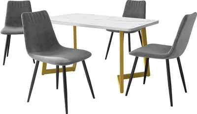Produktbild von Esstisch und Stuhl Set (1+4) Moderner Esstisch und Stuhl Set Grau Samt Esstisch mit 4 Esszimmerstühlen MDF Esstisch mit Stühlen Goldener Bein