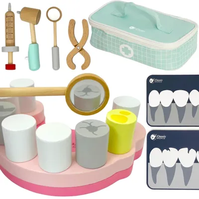 Produktbild von 18-teiliges Zahnarzt-Set aus Holz in einer Stofftasche in einer Papierverpackung (22 x 7 x 15 cm)