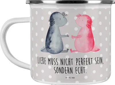 Produktbild von Mr. & Mrs. Panda Pott Axolotl Liebe - Grau Pastell - Geschenk, Valentinstag, Emaille Tasse, Teetasse, Outdoor Becher, Axolot, Campingbecher, Haferl
