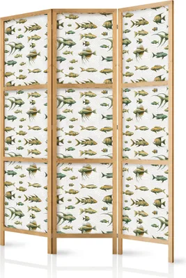 Produktbild von 3-teiliger Einseitiger Vlies Japanischer Paravent - Unusual Species of Fish - Cluster of Fish in Muted Retro Style on a Background of Beige Lines 135x172 cm Tiere g-H-10109-bh-a