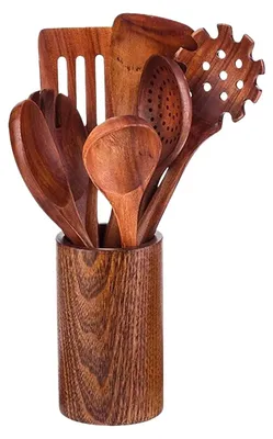 Imagen del producto de Juego de 8 utensilios de cocina de madera, que incluye espátula y soporte para cucharas