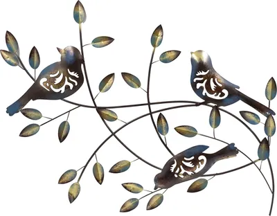 Produktbild von Moderne Wanddekoration Wandskulptur Wandbild Blätter & Vögel bunt aus Metall 49x66 cm