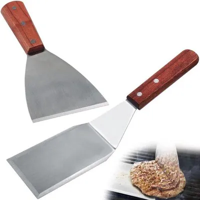 Produktbild von 2 Stück Grillwender mit Holzgriff - Großer Edelstahl Wender - Grillschaber mit abgeschrägter Kante - Pfannenschaufel - für Grillwender/Hamburgerwender