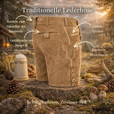 Produktbild von PAULGOS Herren Trachten Lederhose Kurz - HK1 - Echtes Leder - in 3 Farben erhältlich - Größe 44 - 60