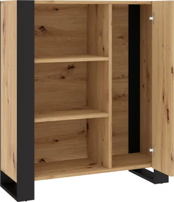 An open cabinet with shelves, made of wood and black accents.