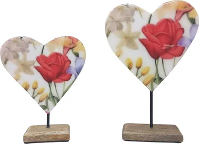 Produktbild von 2er Set Dekoobjekte Herzen Blumenmeer auf Fuß 18 + 24cm Mangoholz Formano F26