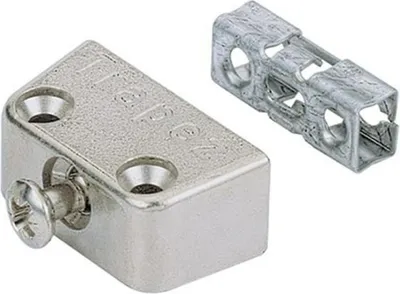 A metal furniture connector and its corresponding locking mechanism are shown against a white background.