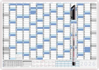 Produktbild von XXL Wandkalender DIN B1 2026 blau, nass abwischbar + Folienstift Format 100 x 70cm Jahresplaner Wandplaner gerollt