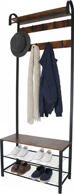 Produktbild von Relaxdays Garderobe, Schuhbank mit 2 Ablagen, 9 Haken, Hutablage, Kleiderständer HBT 182 x 69 x 30 cm, schwarz/ braun