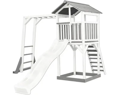 Produktbild von AXI Beach Tower Spielturm aus Holz in Weiß & Grau | Spielhaus für Kinder mit weißer Rutsche, Klettergerüst und Sandkasten | Stelzenhaus für den Garten