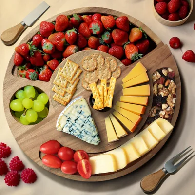 Produktbild von Navaris Käsebrett mit Käsemesser Set aus Akazie - 31cm Rund Servierplatte aus Holz für Käse und Häppchen - Drehplatte Servierbrett, Käseplatte Drehbar
