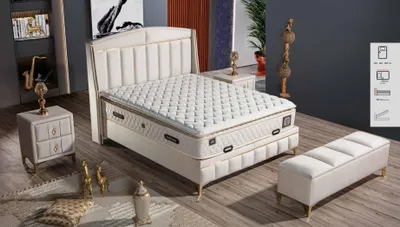 Produktbild von Elegantes weißes Bett mit Matratze aus Textil und Edelstahl