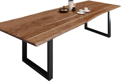 Produktbild von Esszimmertisch 260x100 cm Milo, echte Baumkante, naturfarben, massiver Esstisch aus Akazienholz, Metallbeine Schwarz, Baumkantentisch