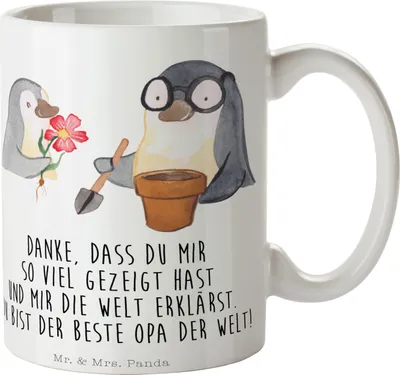 Produktbild von Mr. & Mrs. Panda Kaffeebecher Pinguin Opa Blumen pflanzen - Weiß - Geschenk, Opi, Vatertag, Kaffeetasse, Teepott, Tasse, Teetasse, Becher, Gärtner
